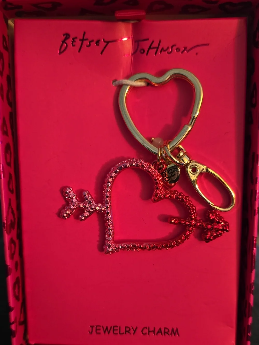 Betsey Johnson Pink Rhinestone Heart Arrow Keychain with Gold Hardware NWOT